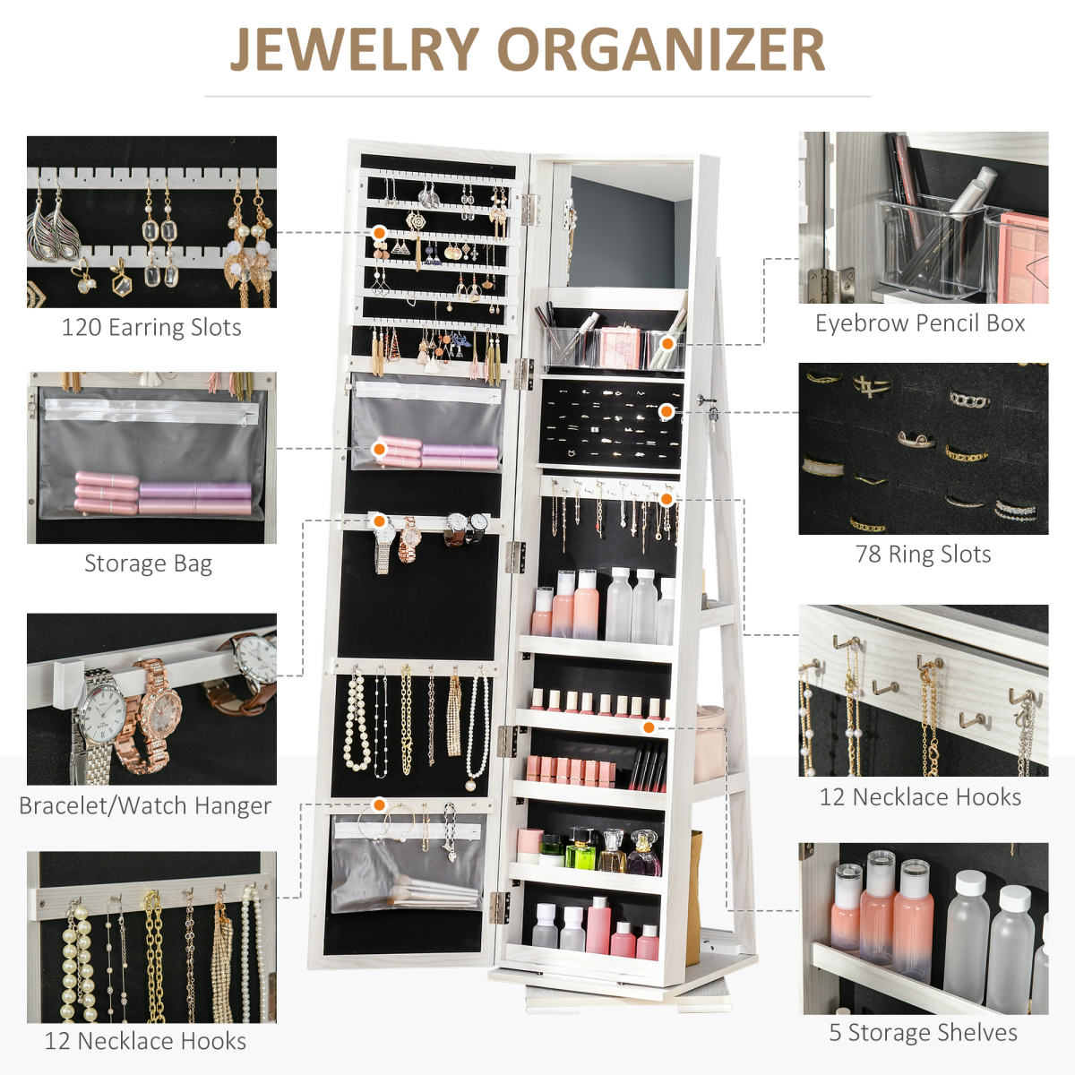 360° Swivel Lockable Jewellery Cabinet with Full Length Mirror & Back Shelves – Bedroom Storage