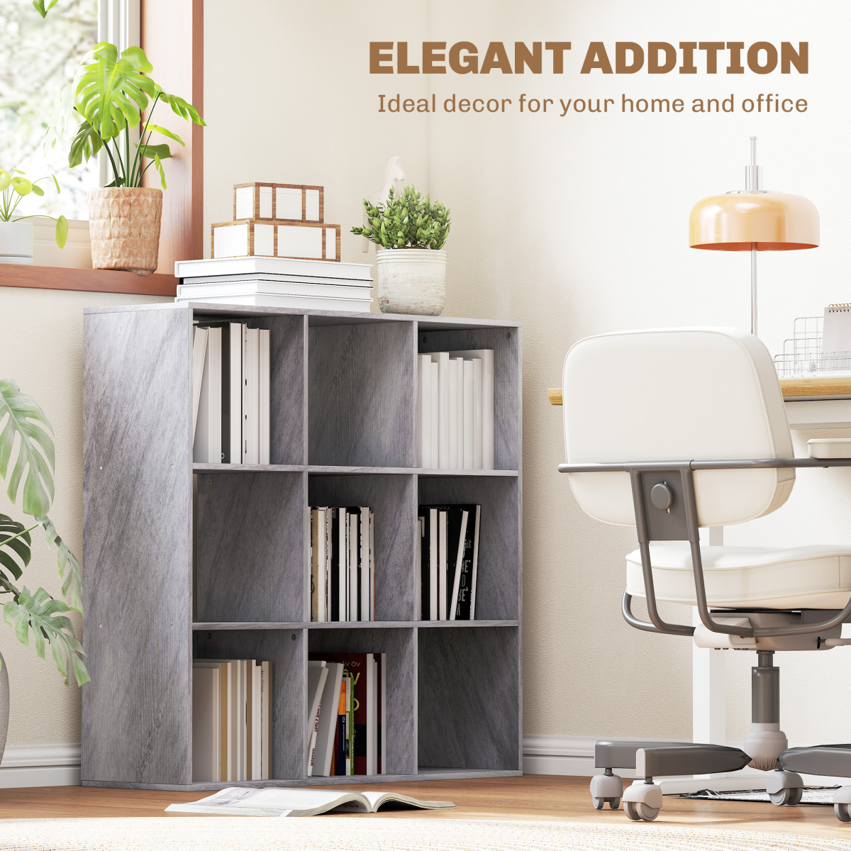 9-Cube Bookcase with Open Compartments & Anti-Tip Kit – Storage Display Shelf Unit, Marble Grey
