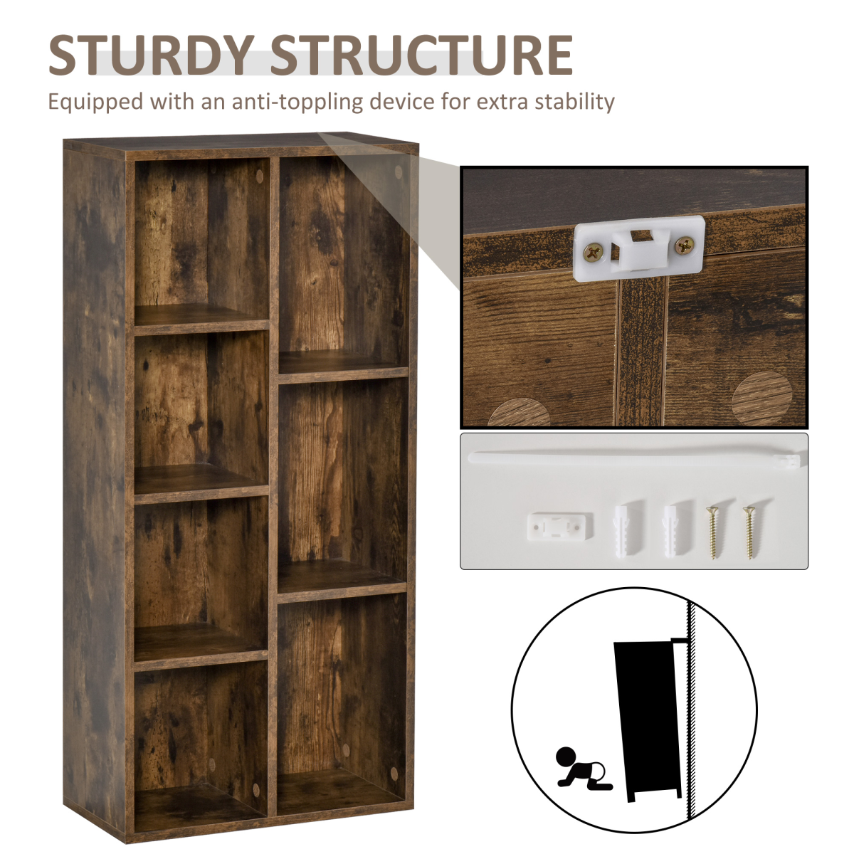 HOMCOM Industrial Cube Bookcase Display Cabinet with 7 Compartments – Metal Frame Storage, Rustic Brown