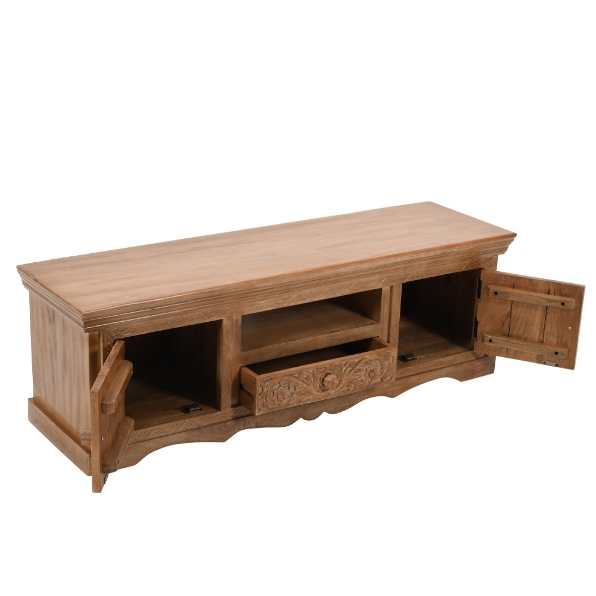 Artwork Carved Solid Mango Wood TV Cabinet with Media Storage – Handcrafted Artisan Living Room Unit