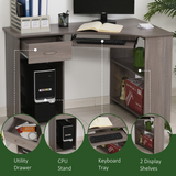 HOMCOM L-Shaped Corner Computer Desk with 2-Tier Side Shelves – Wide Home Office Workstation, Grey