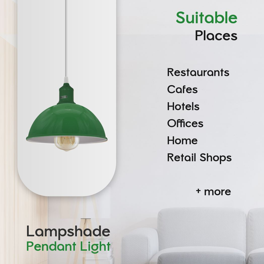 Dome Metal Pendant Lights, Set of 2 – Green Loft Style with White Interior, 21cm, E27