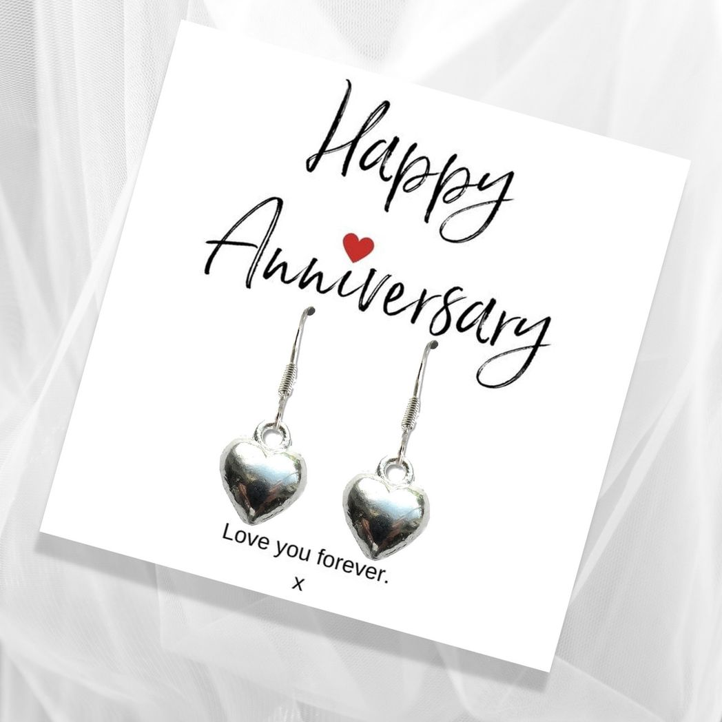 Aye Do Gifts Silver Heart Charm Earrings with Happy Anniversary Message Card and Black Gift Box