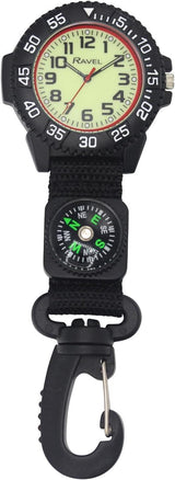 Ravel Clip-On Carabiner Watch with Compass – Luminous Analogue Dial, Black Nylon