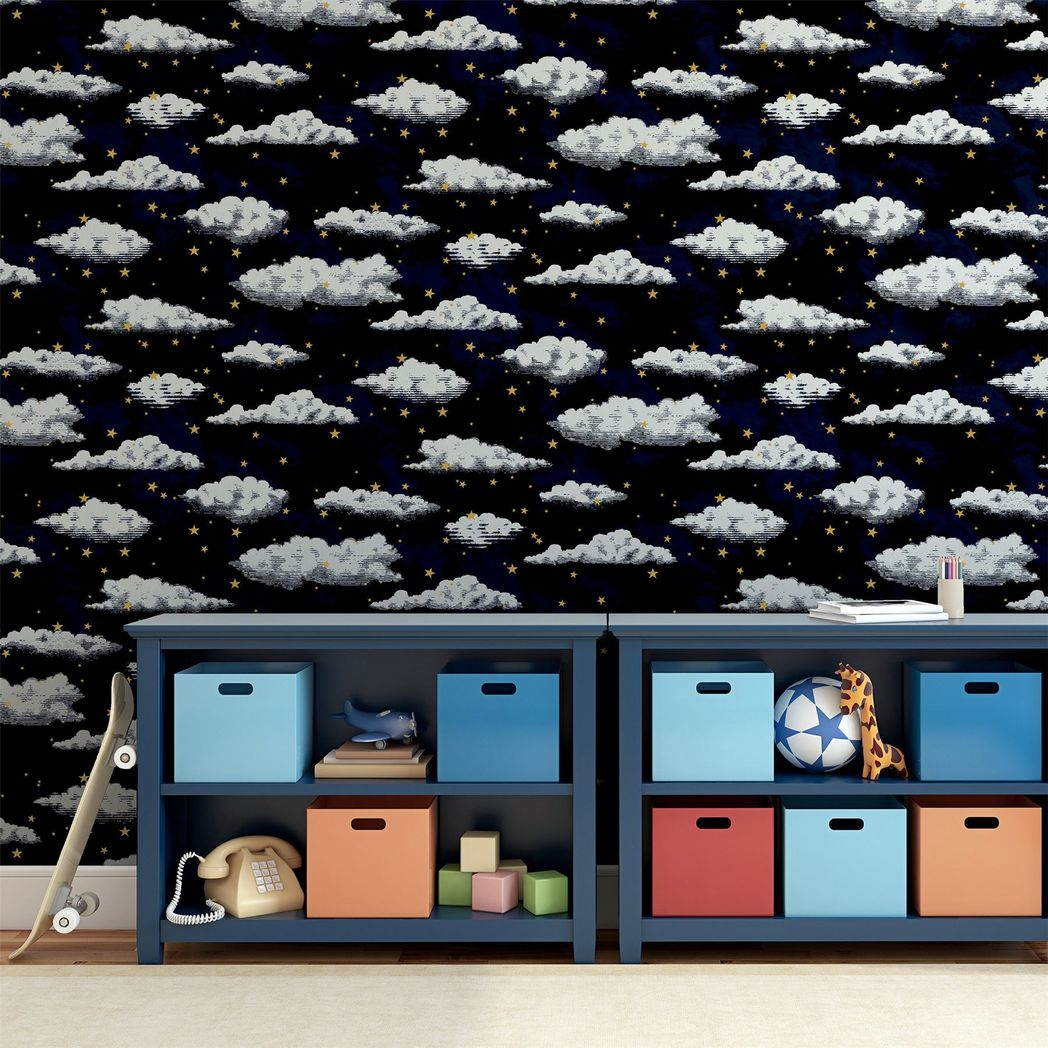 Arthouse Stars and Clouds Wallpaper with Gold Metallic Stars – Children's Nursery Design, Navy
