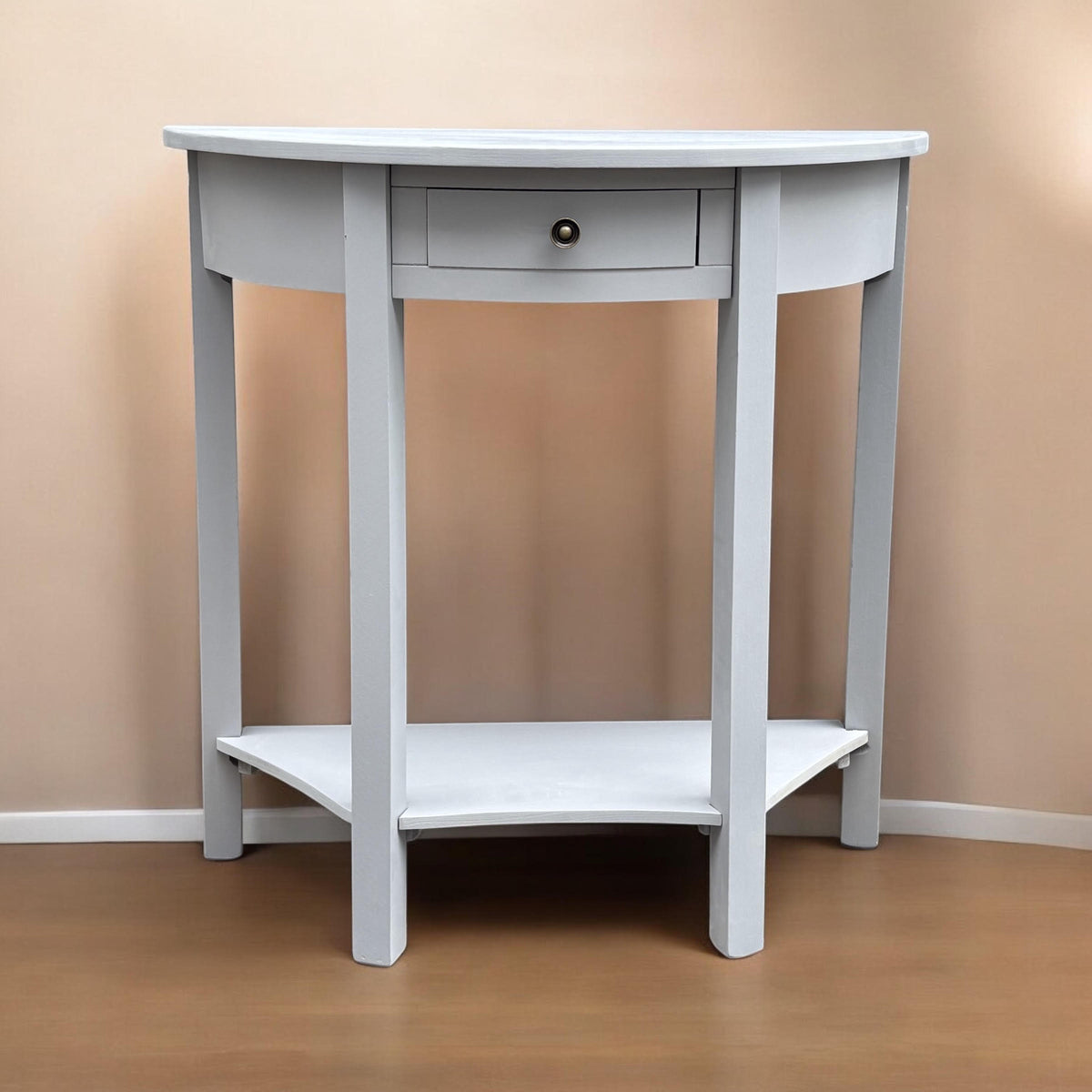 Art Deco 1 Drawer Semicircle Console Table with Satin Knob Handle – Medium Wood Tone Hallway Storage, Grey