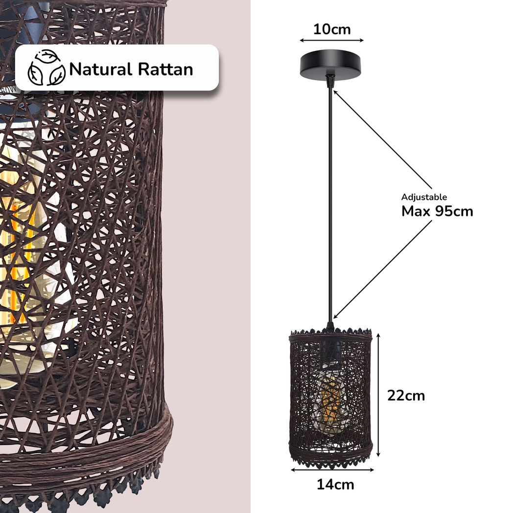 LEDSONE Handmade Wicker Rattan Pendant Light with E27 Holder & Adjustable 95cm Cord – Boho Lampshade