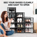 Set of 12 Stackable Clear-Door Shoe Boxes, Plastic Storage Bins, 33 x 23 x 14cm, Black