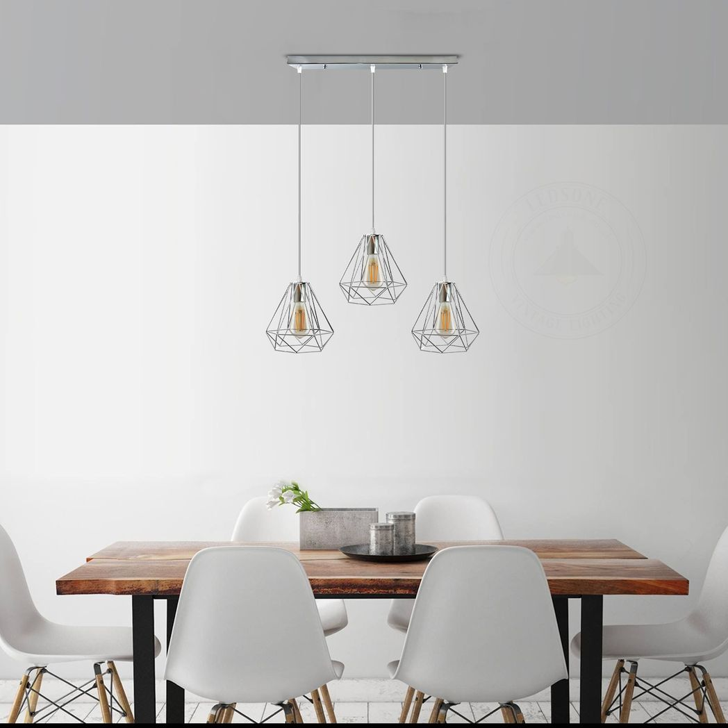 LEDSONE 3-Head Ceiling Pendant with 20cm Chrome Diamond Wire Cages – Vintage Industrial Rectangular Base