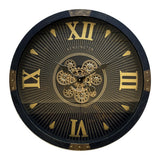 Gear Wall Clock 64cm with Moving Gears and Roman Numerals – Art Deco Metal Skeleton Design, Black & Gold