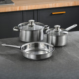 Stainless Steel 3 Piece Cookware Set with Milk Pan, Stockpot, Frying Pan and Glass Lids – Steel Handles