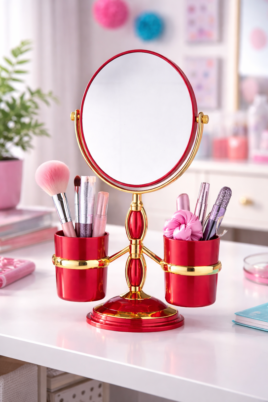 Avilo Double-Sided Make-Up Mirror with 2x Magnification and Holders – Dressing Table Vanity Mirror, Red