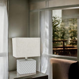 Cream Cement Table Lamp with Diamond Pattern Base & Empire Fabric Shade – Art Deco Style