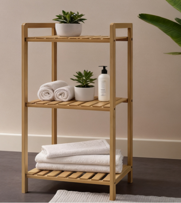 Avilo 3 Tier Bamboo Storage Shelf with Slatted Design – Freestanding Rack for Bathroom & Bedroom