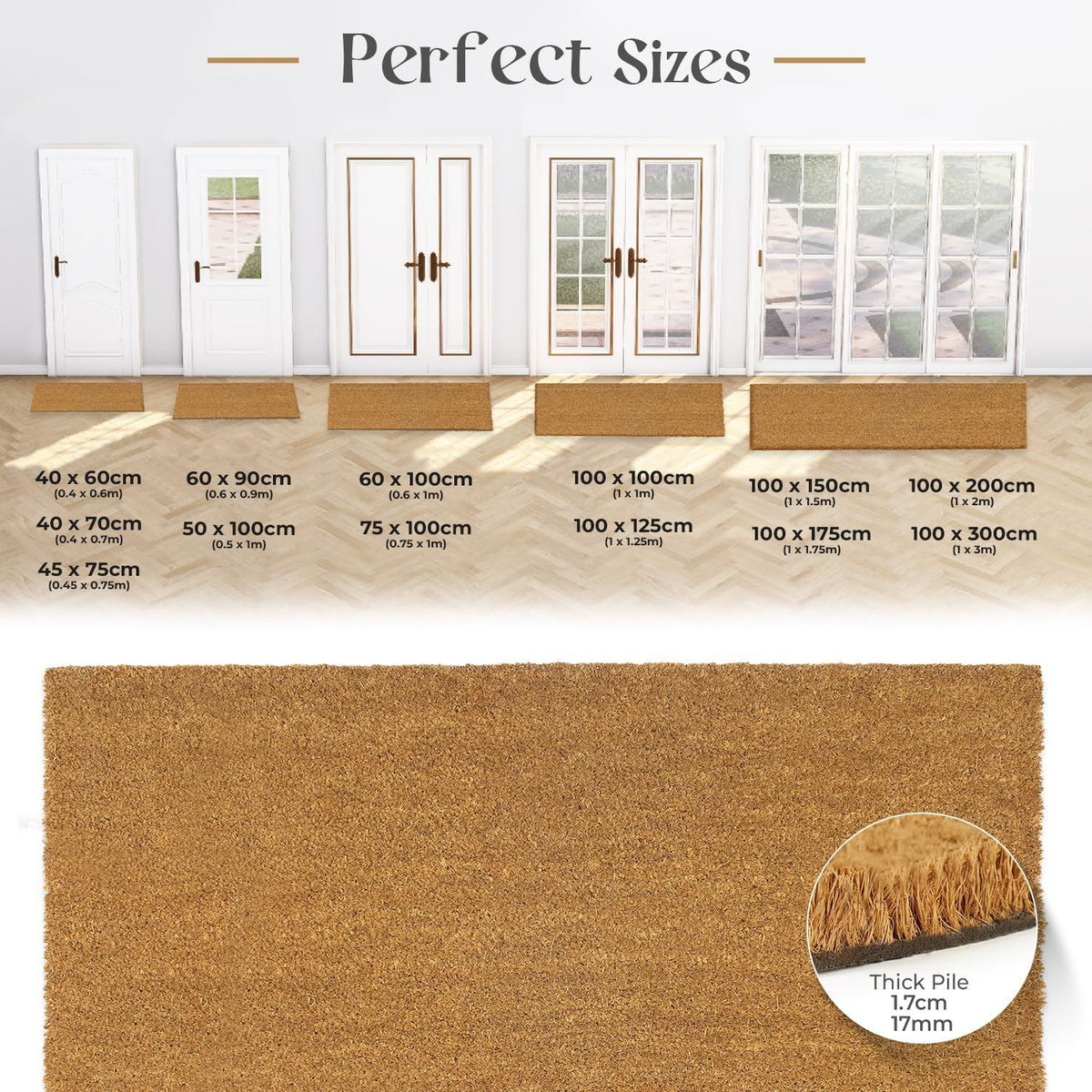 Plain Coir Door Mat, 17mm Thick Heavy Duty Natural Fibre – Indoor & Outdoor Entrance Matting, Brown