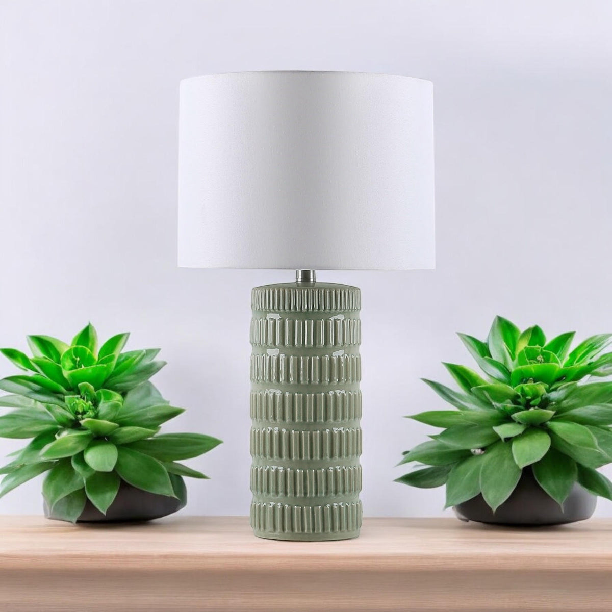 Cream Ceramic Striped Table Lamp with Handmade Drum Shade – Living Room & Bedroom Lighting