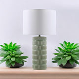 Cream Ceramic Striped Table Lamp with Handmade Drum Shade – Living Room & Bedroom Lighting