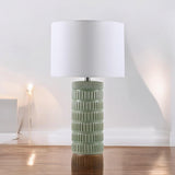 Cream Ceramic Striped Table Lamp with Handmade Drum Shade – Living Room & Bedroom Lighting