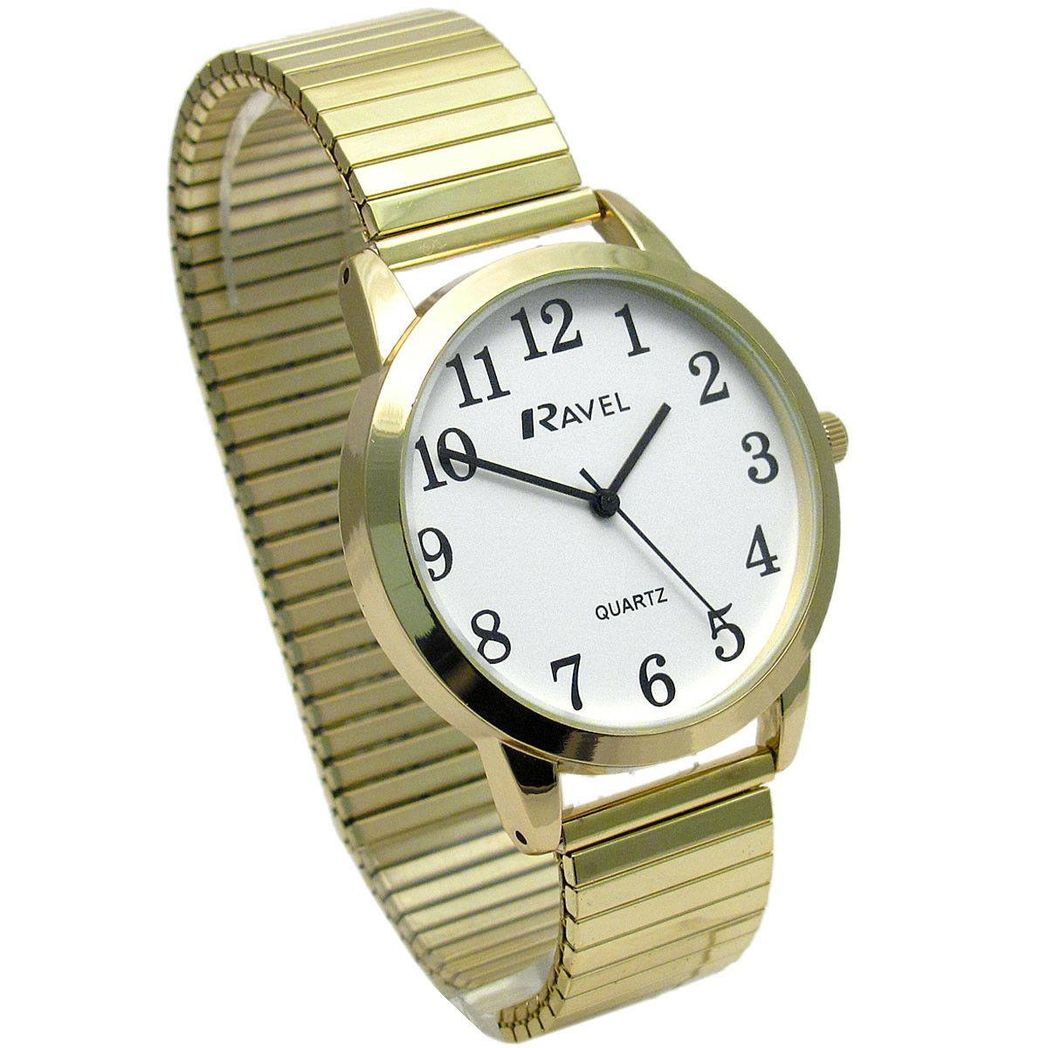 Ravel Men's Bold Number Expander Bracelet Watch – White Dial, Gold Tone