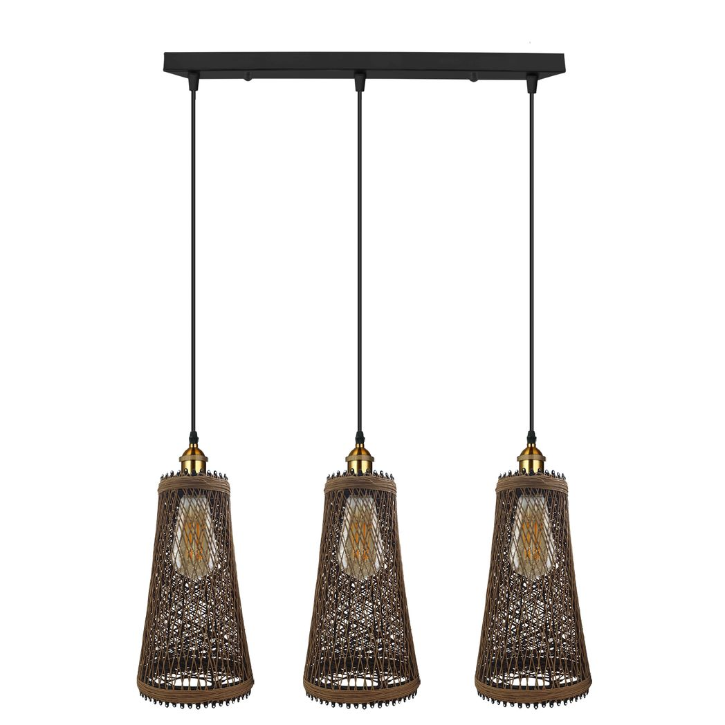LEDSONE 3 Head Natural Wicker Basket Pendant Light with E27 Holders – Retro Industrial Rattan Ceiling Light