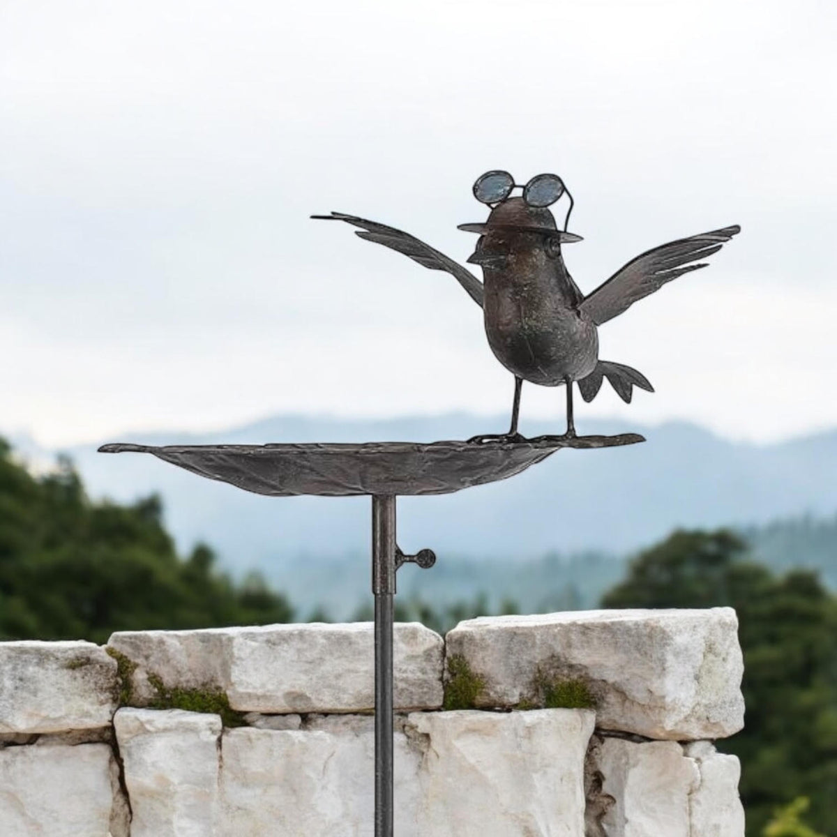 Metal Bird Feeder Birdbath Spinner Garden Stake – Decorative Outdoor Art with Rocking Motion, Black, 50" Metal Bird