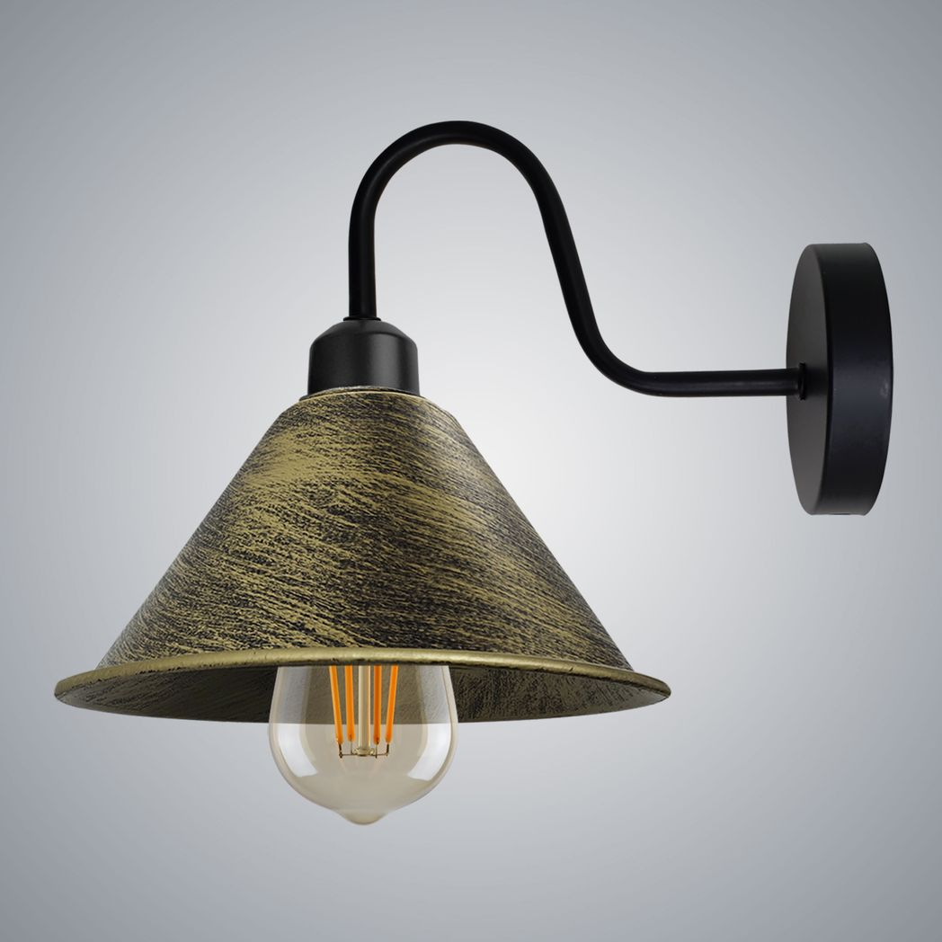 Vintage Cone Wall Light with Swan Neck and E27 Socket – Dimmable Indoor Sconce, Brushed Brass