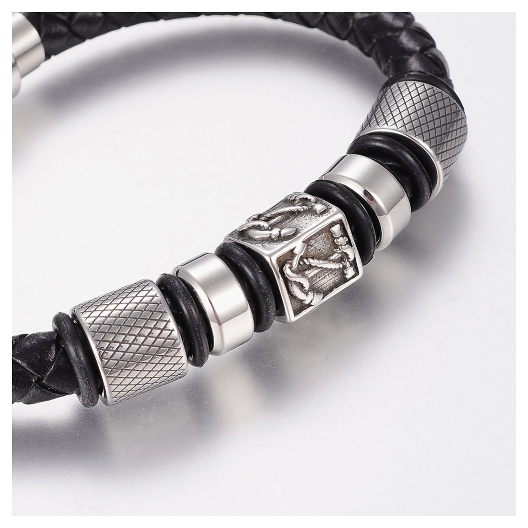 Aye Do Gifts Men's Nautical Faux Leather Bracelet – Silver Beads, Magnetic Clasp