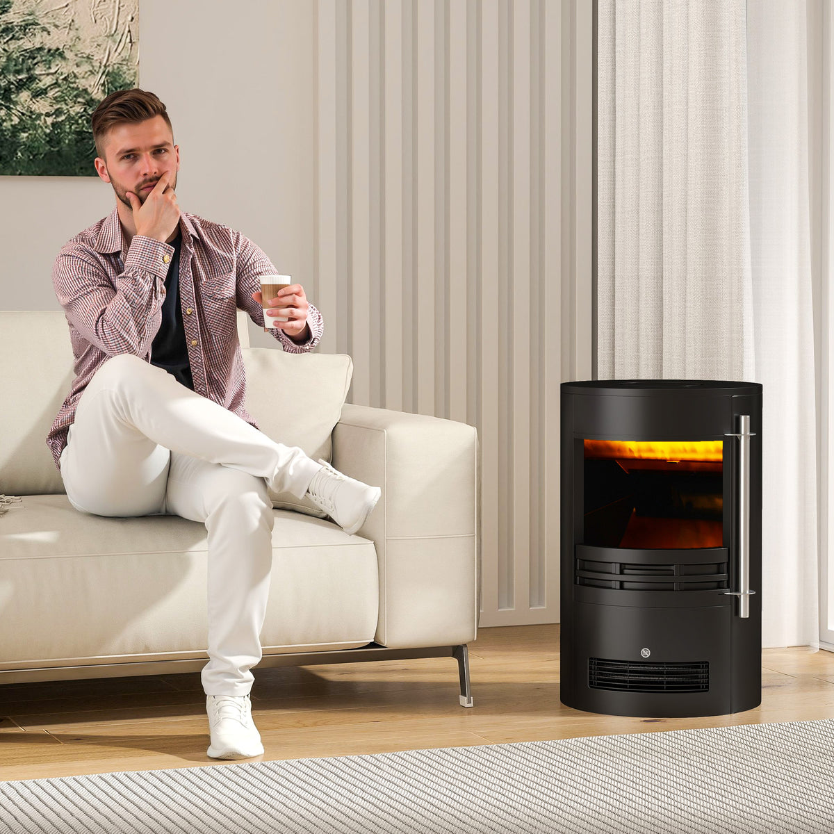 HOMCOM Electric Fireplace Heater with LED Flame Effect, 900W/1800W – Adjustable Thermostat, Black