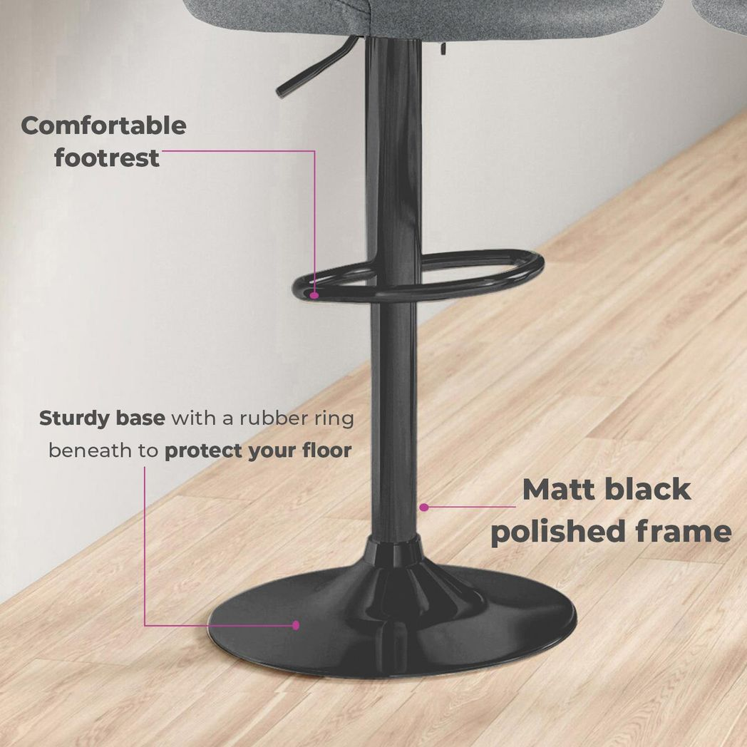 Neo Madrid Set of 2 Swivel Fabric Bar Stools – Gas Lift, Quilted Seat, Dark Grey