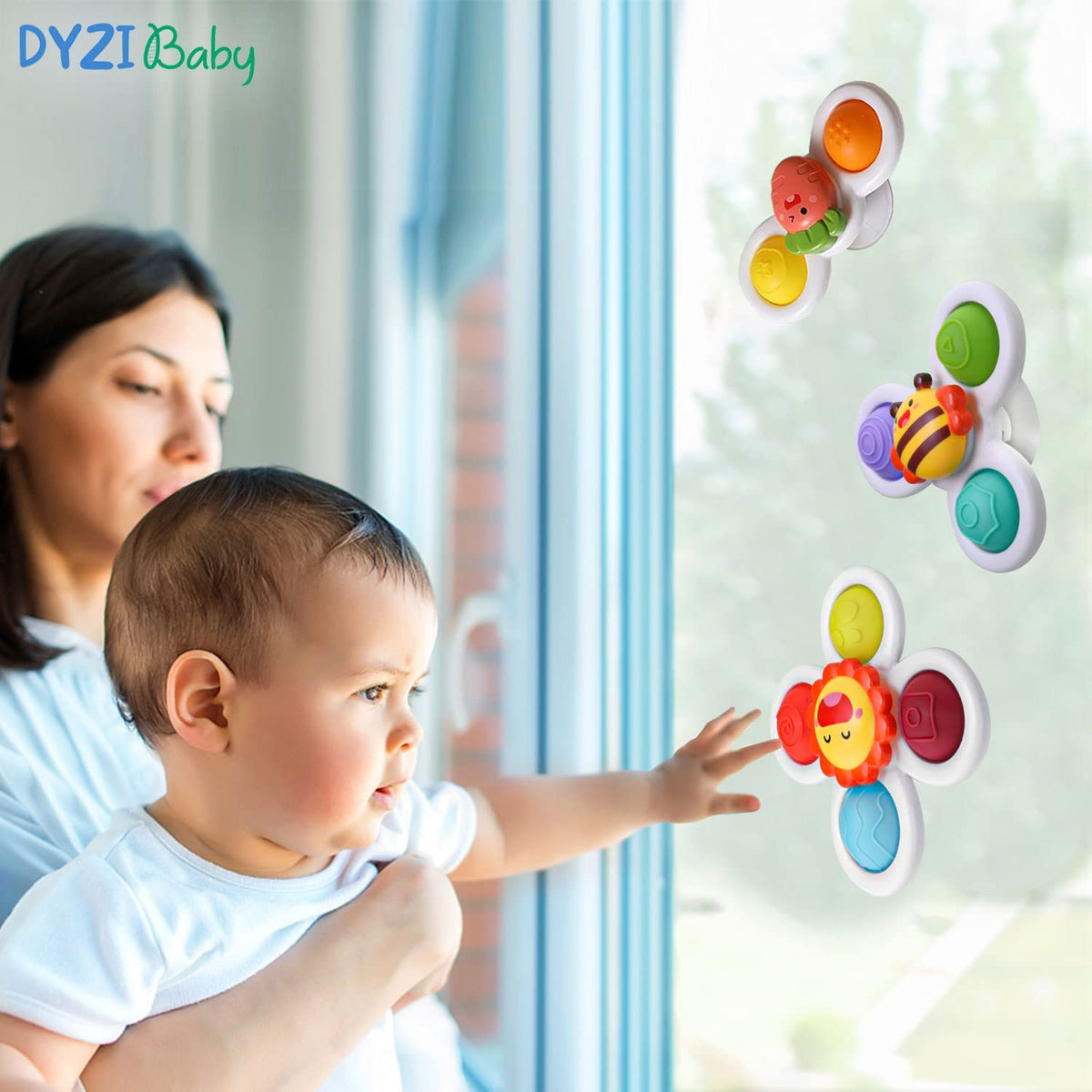 DYZI Suction Cup Spinner Bath Toys – Sensory Toys for Toddlers, Set of 3 Sun, Bee and Carrot Spinners