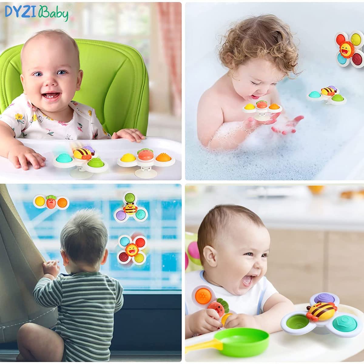 DYZI Suction Cup Spinner Bath Toys – Sensory Toys for Toddlers, Set of 3 Sun, Bee and Carrot Spinners