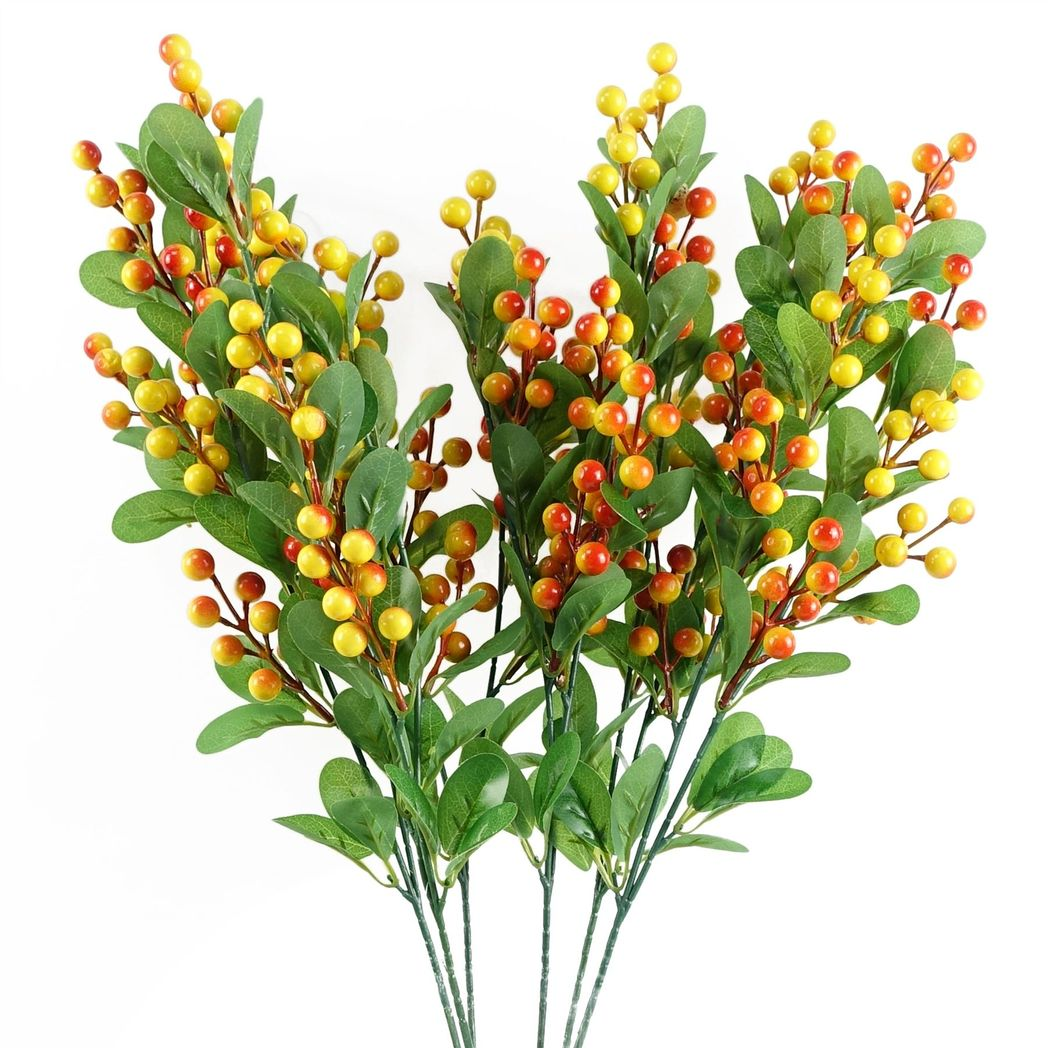 Leaf 70cm Artificial Orange Berry Spray – Plastic Leaves, Faux Stem for Arrangements and Decoration