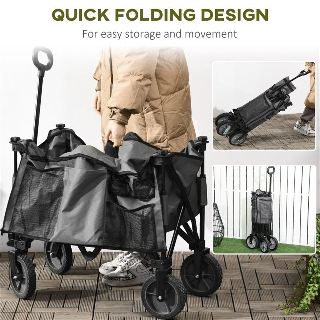 Folding Garden Cart with 4 Wheels, Brakes & Adjustable Handle – 125L Utility Trolley, Dark Grey