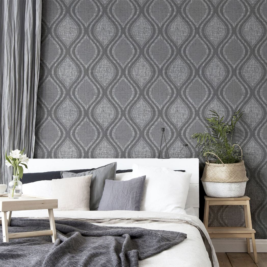 Arthouse Curve Heavyweight Vinyl Wallpaper with Metallic Shimmer – Strippable Paste the Wall, Charcoal