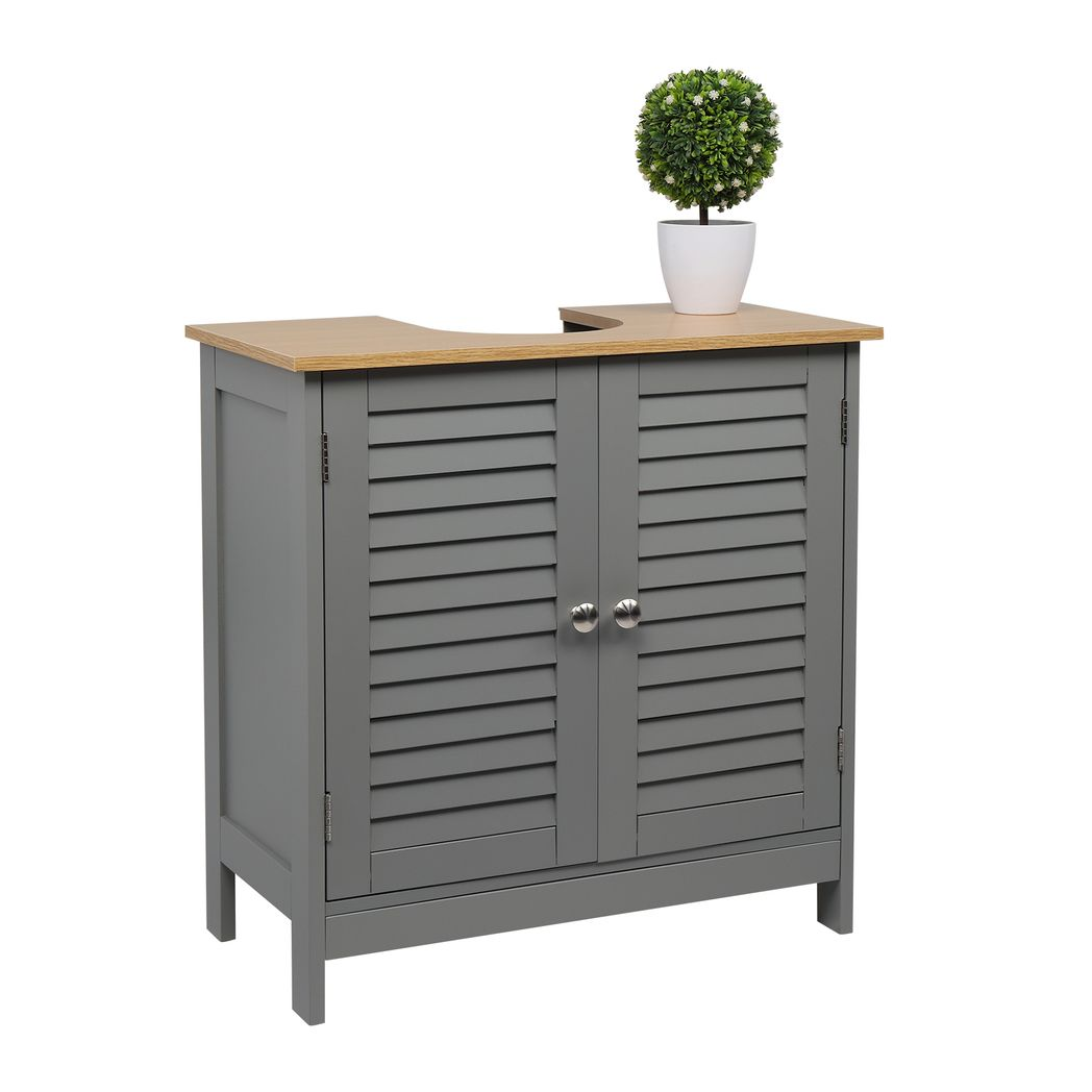 Modern Under-Sink Bathroom Cabinet with Double Slatted Doors, Waterproof MDF – Space-Saving Storage, Grey
