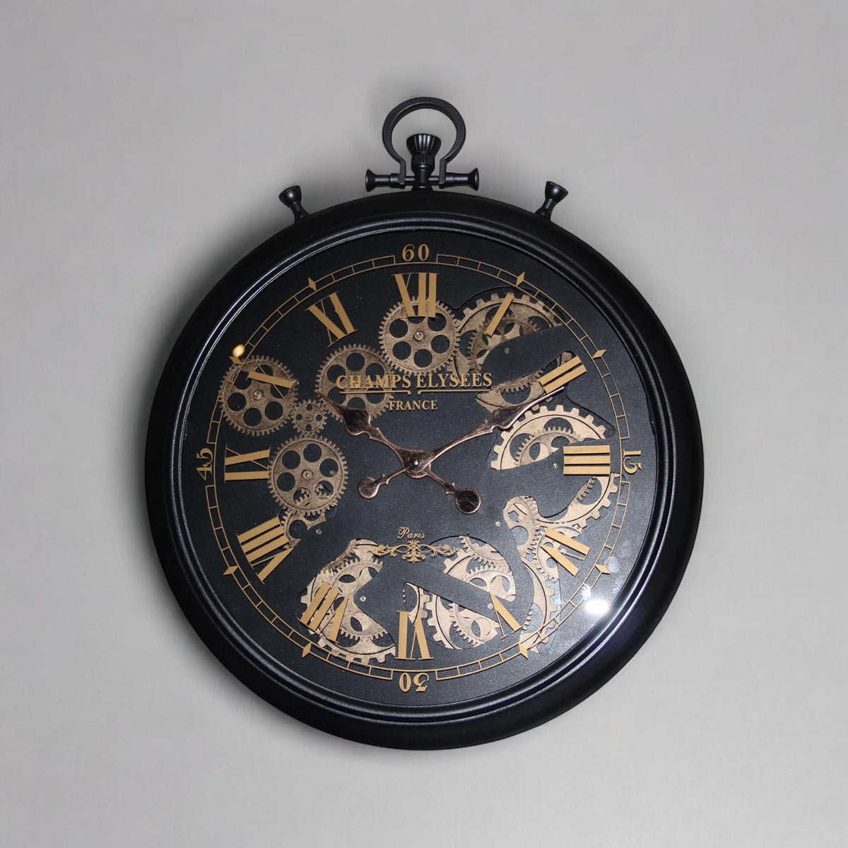 60cm Black & Gold Roman Numeral Wall Clock with Moving Gears – Large Statement Clock with Iron Frame
