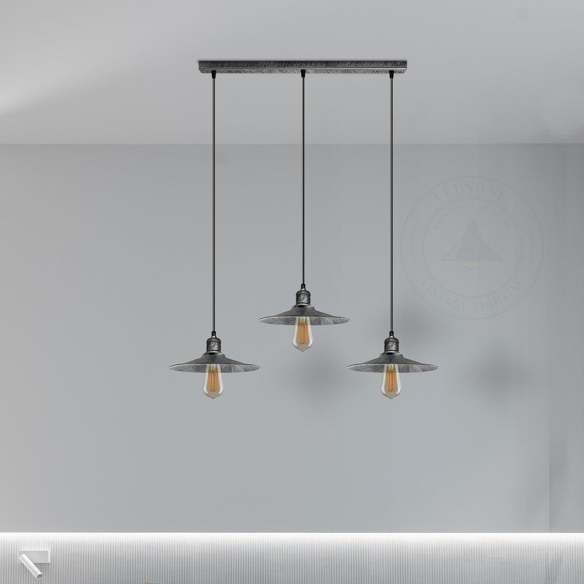 LEDSONE 3 Head Vintage Metal Cone Pendant Light with Rectangle Base, E27 Holders & 95cm Cables – Island Lighting