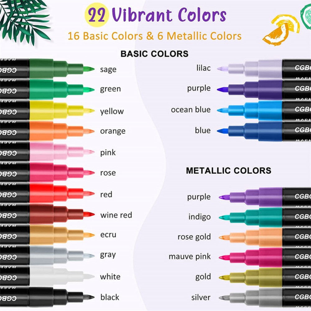 CGBOOM 22 Colour Acrylic Paint Markers with 0.7mm Extra-Fine Tips – Permanent Pens for Rock Painting, Wood & Glass