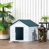 Plastic Dog Kennel House for Medium Dogs with Water-Resistant Surface & Cottage Windows – Blue and White
