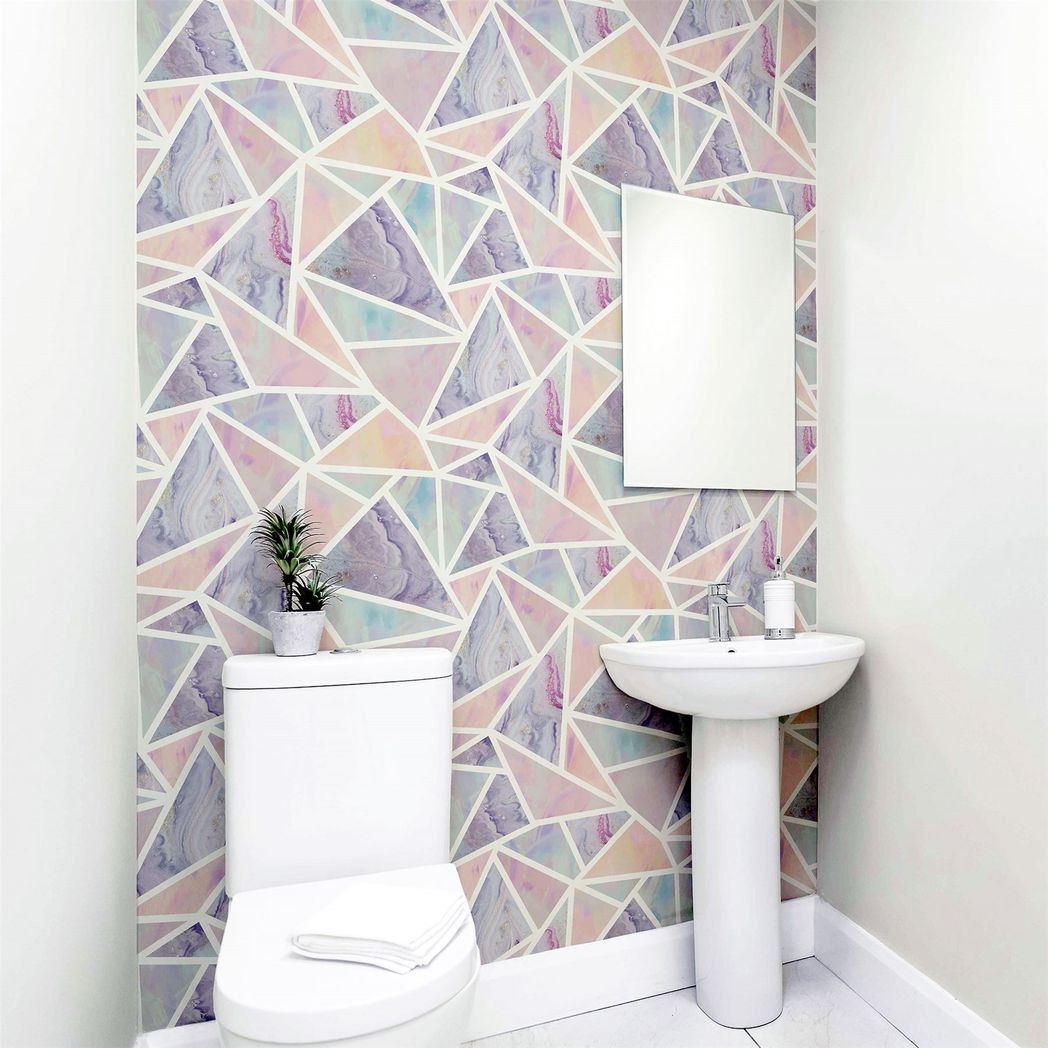Arthouse Pastel Geo Multi Geometric Wallpaper with Glitter Highlights – Pink & Purple Marble Feature Wall