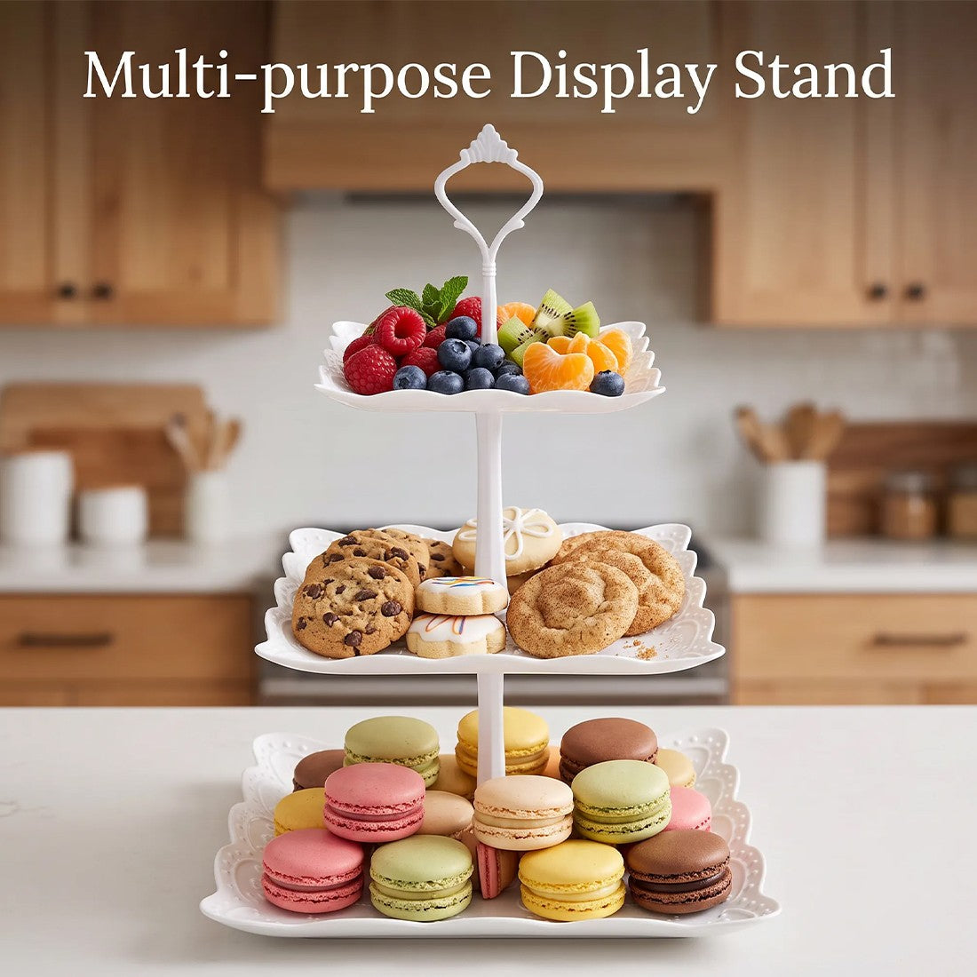 3-Piece 3-Tier Square Cake Stand Set – Afternoon Tea Serving Trays with Carry Loop, Embossed Tableware, White