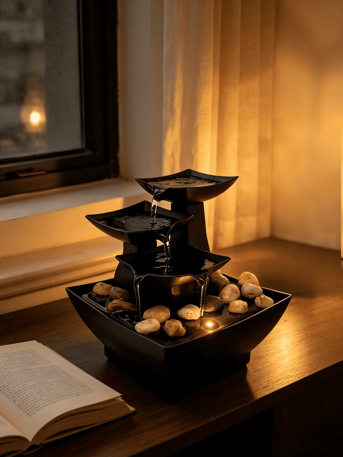 Avilo Battery Operated 3-Tier Tabletop Water Fountain with Light and River Stones – Calming Home Decor