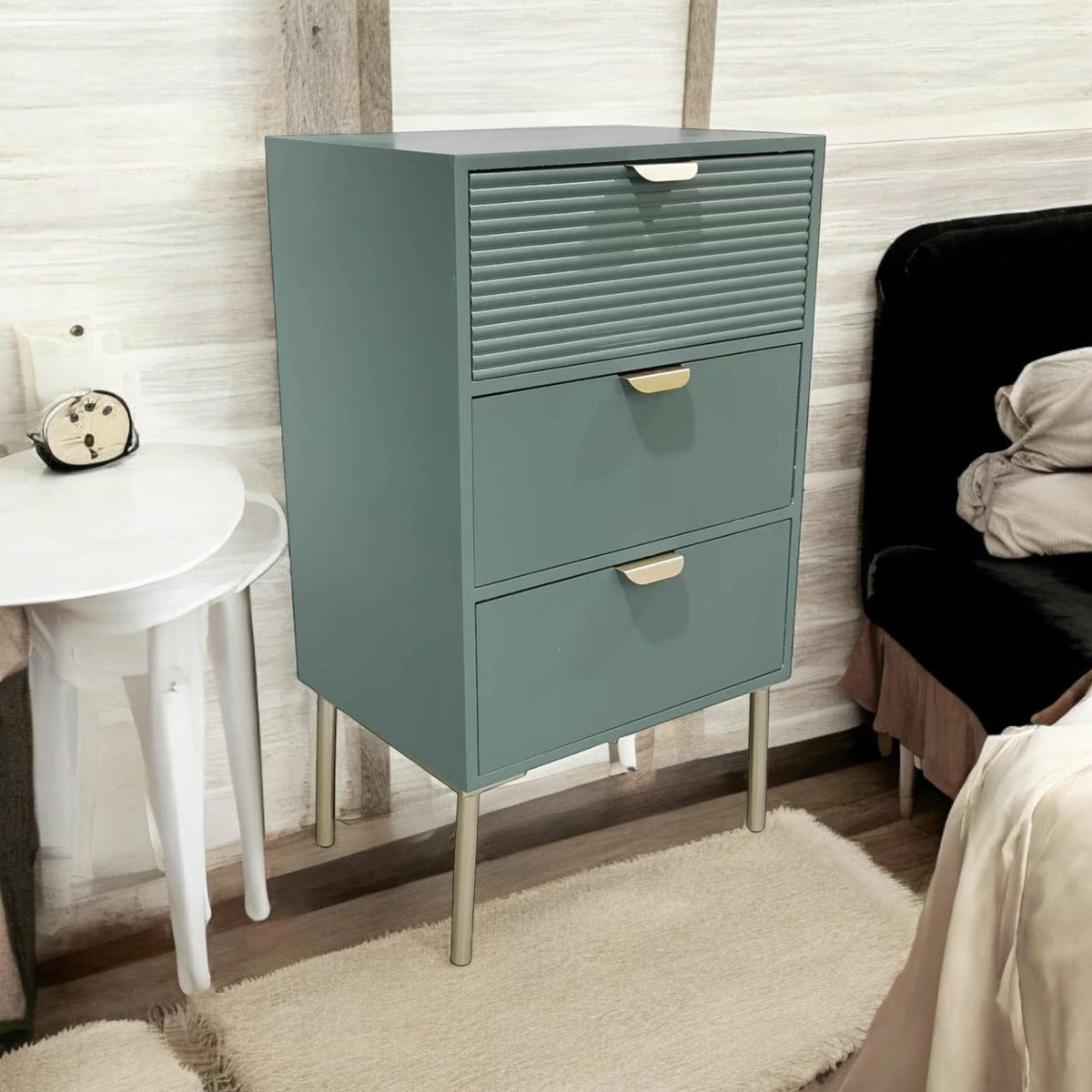 AcaciaHome Wooden 3 Drawer Chest with Solid Pine Top & Metal Handles – Compact Bedroom Storage, Green