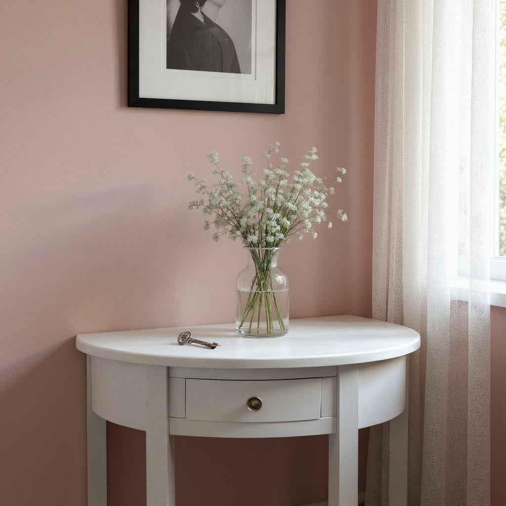 Art Deco 1 Drawer Semicircle Console Table with Satin Knob Handle – Medium Wood Tone Hallway Storage, Grey