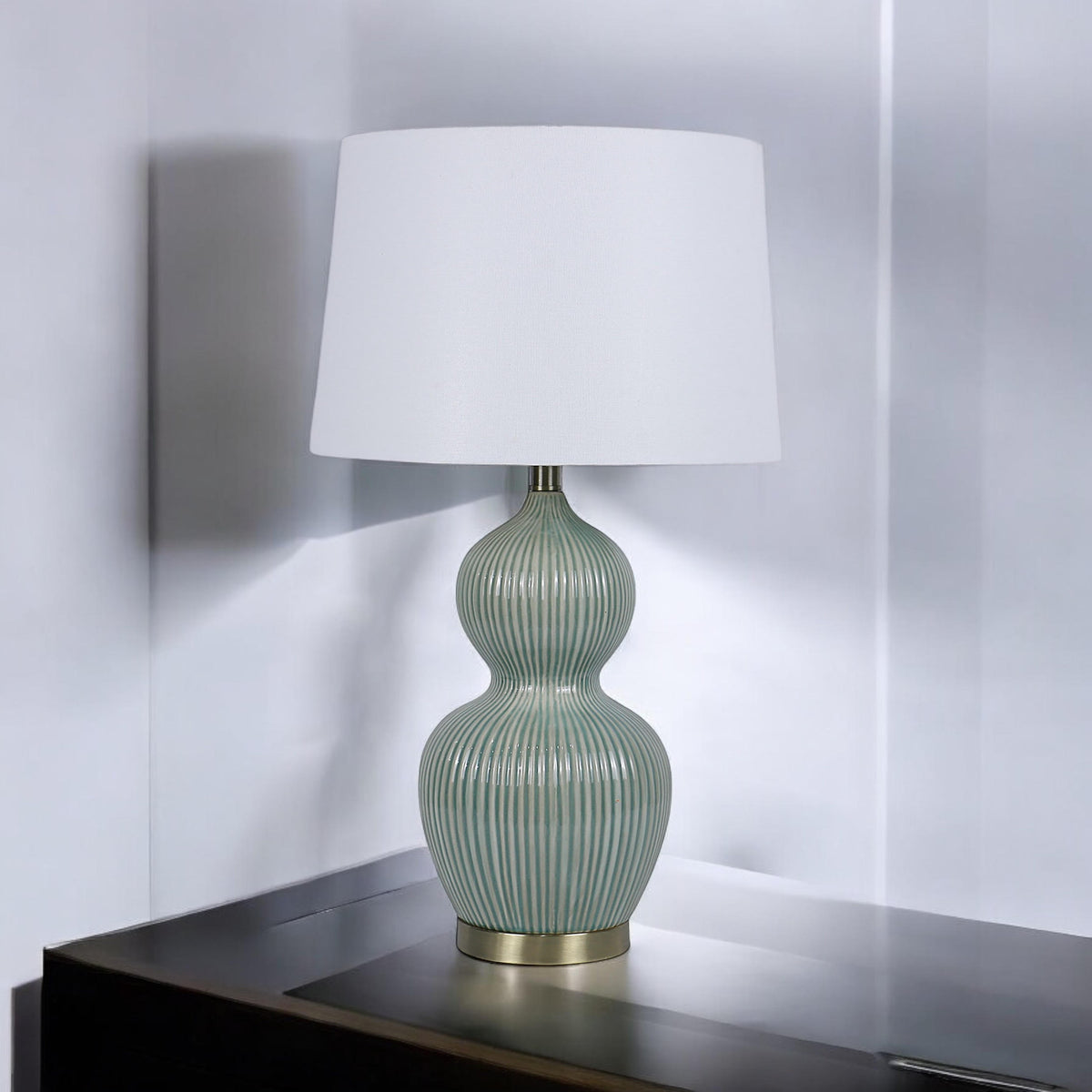 Cream Ceramic Table Lamp with Striped Base and Handmade Pleated Drum Shade – 3 Layer, 59cm Shade, Living Room or Hallway