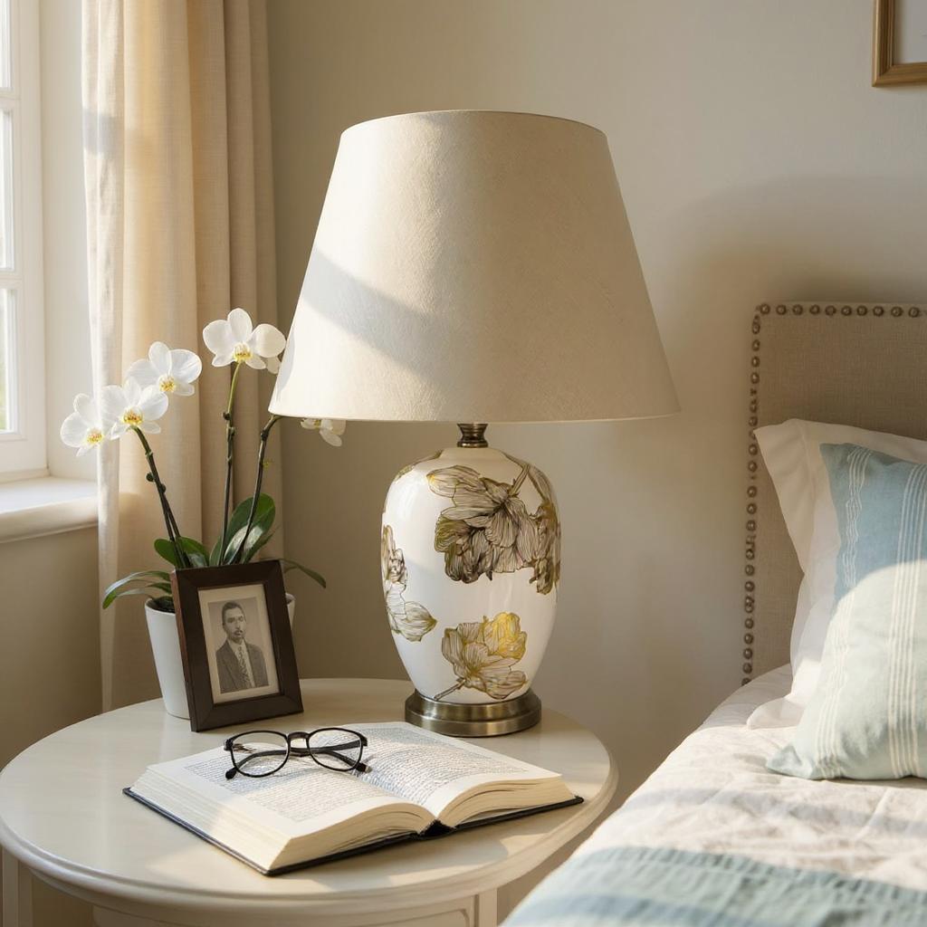 Cream Ceramic Striped Table Lamp with Handmade Drum Shade – Living Room & Bedroom Lighting