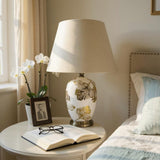 Cream Ceramic Striped Table Lamp with Handmade Drum Shade – Living Room & Bedroom Lighting