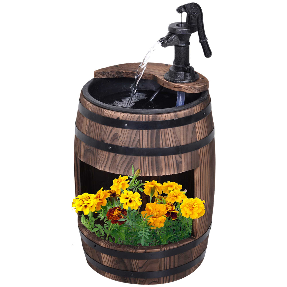 Outsunny Retro Water Pump Barrel Fountain, Solid Fir Wood – Garden Water Feature & Flower Planter Stand