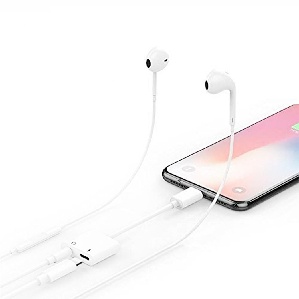 FX 2-in-1 Phone Audio Adapter for Phone 7, 7 Plus, 8, 8 Plus, X and XR – Listen and Charge, White