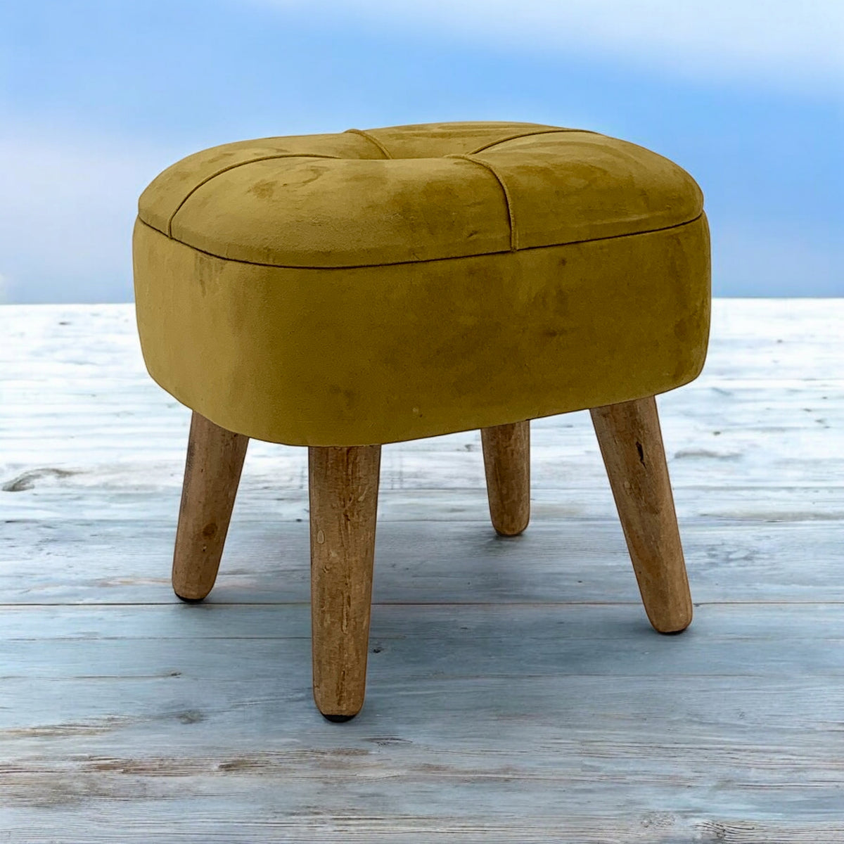 AcaciaHome Round Velvet Ottoman Footstool with Lift-Up Storage – Medium-Firm Foam Seat, Yellow